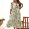 KB-272PISTA_5.jpg Elegant White Soft Georgette One-Piece Dress with Green Floral Print