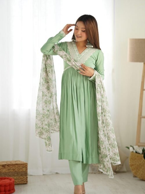 KB-275PISTA_6.jpg Pista Color Nyra Cut Kurta Suit with Floral Tabby Organza Dupatta