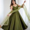 Mehndi Green Roman Silk Anarkali Suit Set