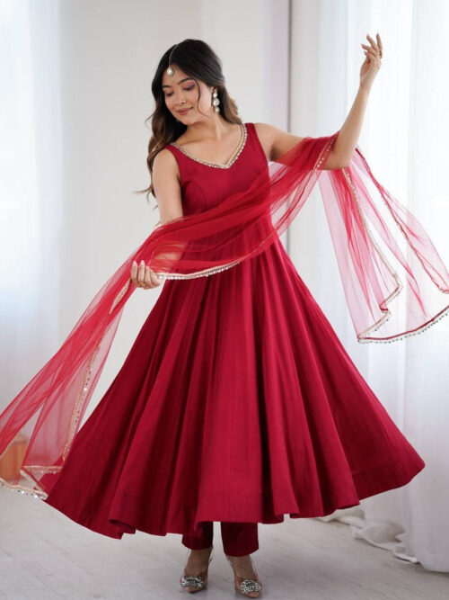 KB-285MAROON_5.jpg Maroon Roman Silk Anarkali Suit Set