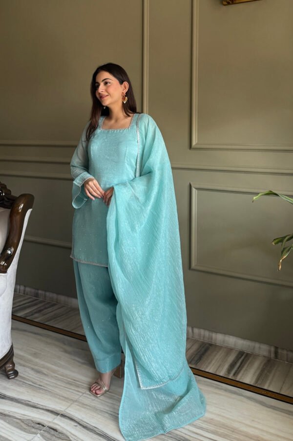 KB-297TEAL_5.jpg Cute Teal Crunchy Silk Farshi Salwar Suit