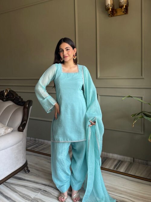KB-297TEAL_6.jpg Cute Teal Crunchy Silk Farshi Salwar Suit