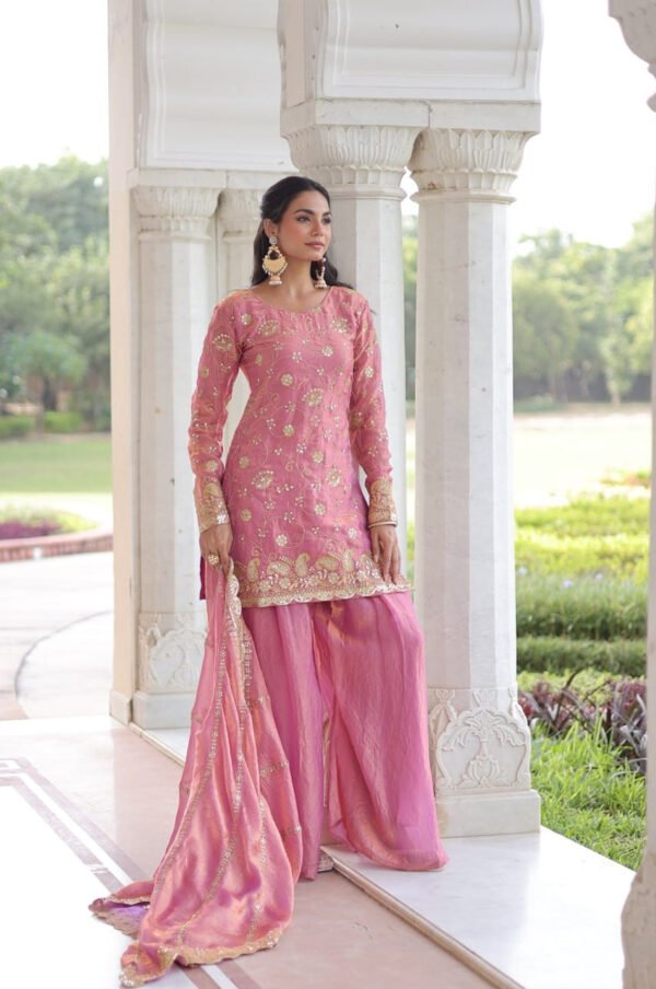 LW-9300_7.jpg Charm Pink Color Fendy Silk Sharara Set