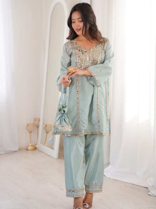 LW-9326_6.jpg Premium Misty Blue Real Mirror Work Suit Set in HO Fabric