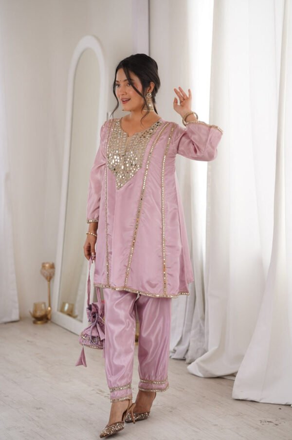 LW-9326_9.jpg Premium Metallic Pink Real Mirror Work Suit Set in HO Fabric