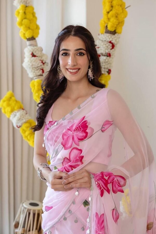 NC-RUFFLE_2.jpg Light Pink Floral Print Georgette Ruffle Saree with Stitched Blouse
