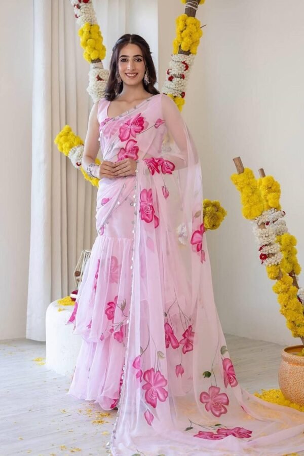 NC-RUFFLE_3.jpg Light Pink Floral Print Georgette Ruffle Saree with Stitched Blouse