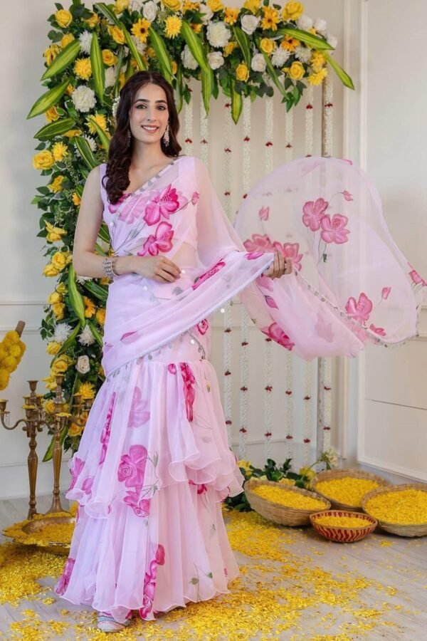 NC-RUFFLE_5.jpg Light Pink Floral Print Georgette Ruffle Saree with Stitched Blouse