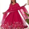NKB-25BEETRED_1.jpg Rani Pink Flower Print Organza Silk Anarkali Suit Set