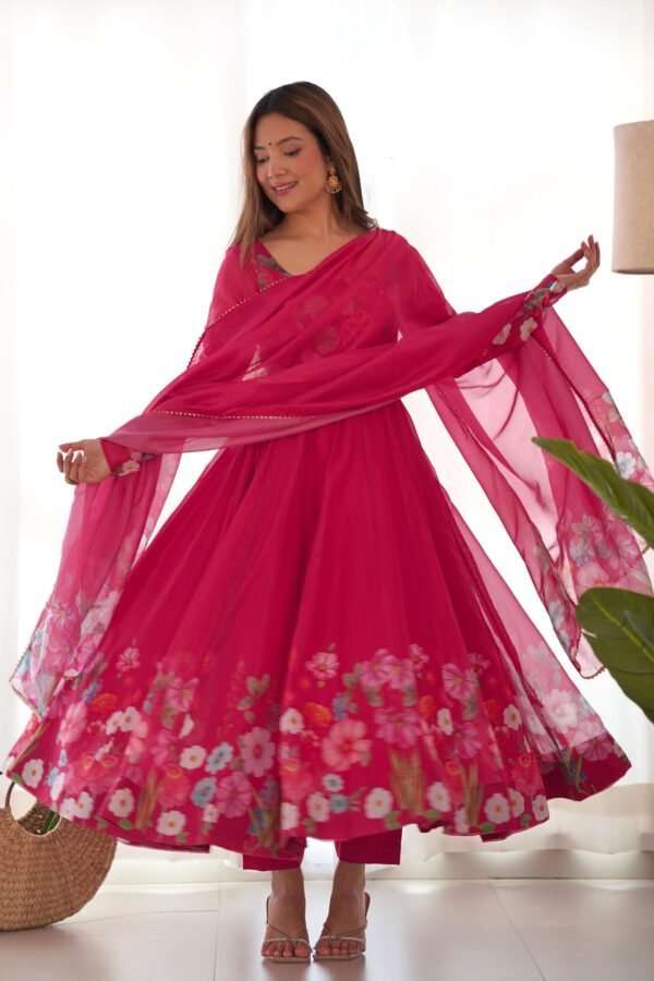 NKB-25BEETRED_1.jpg Rani Pink Flower Print Organza Silk Anarkali Suit Set