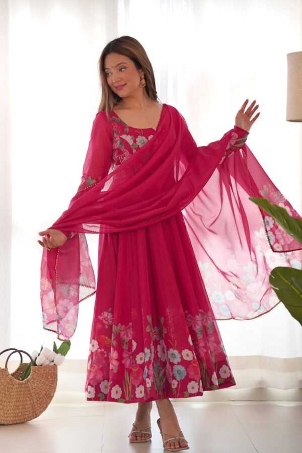 NKB-25BEETRED_2.jpg Rani Pink Flower Print Organza Silk Anarkali Suit Set