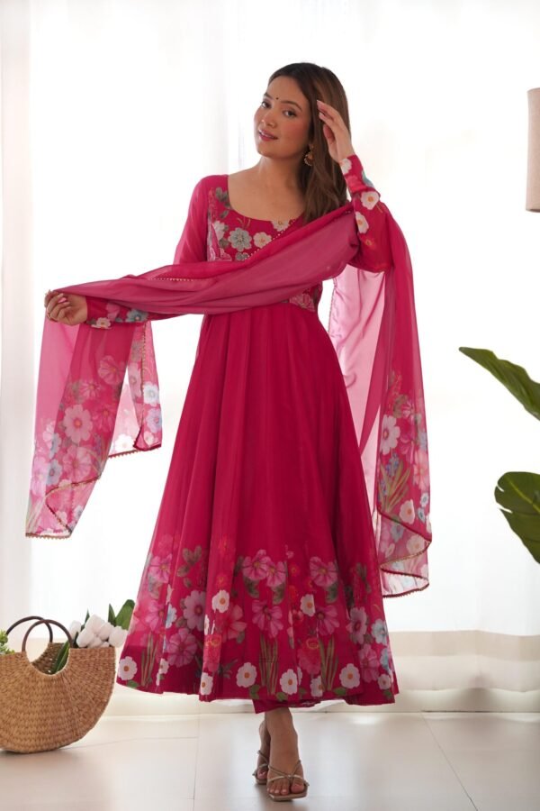 NKB-25BEETRED_4.jpg Rani Pink Flower Print Organza Silk Anarkali Suit Set