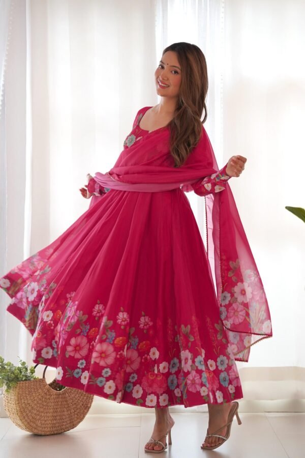NKB-25BEETRED_6.jpg Rani Pink Flower Print Organza Silk Anarkali Suit Set