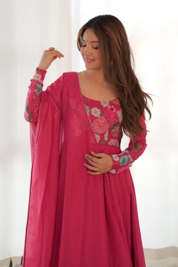 NKB-25BEETRED_7.jpg Rani Pink Flower Print Organza Silk Anarkali Suit Set
