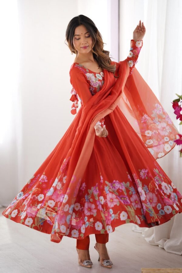 NKB-25ORANGE_3.jpg Rust Orange Floral Organza Silk Anarkali Suit Set