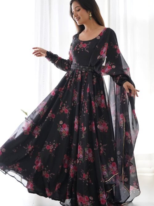 NKB-26BLACK_3.jpg Ready-to-Wear Black Floral Gown with Dupatta
