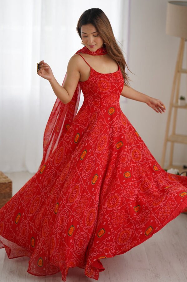 NKB-31_2.jpg Red Bandhej Print Chiffon Anarkali Gown with Dupatta