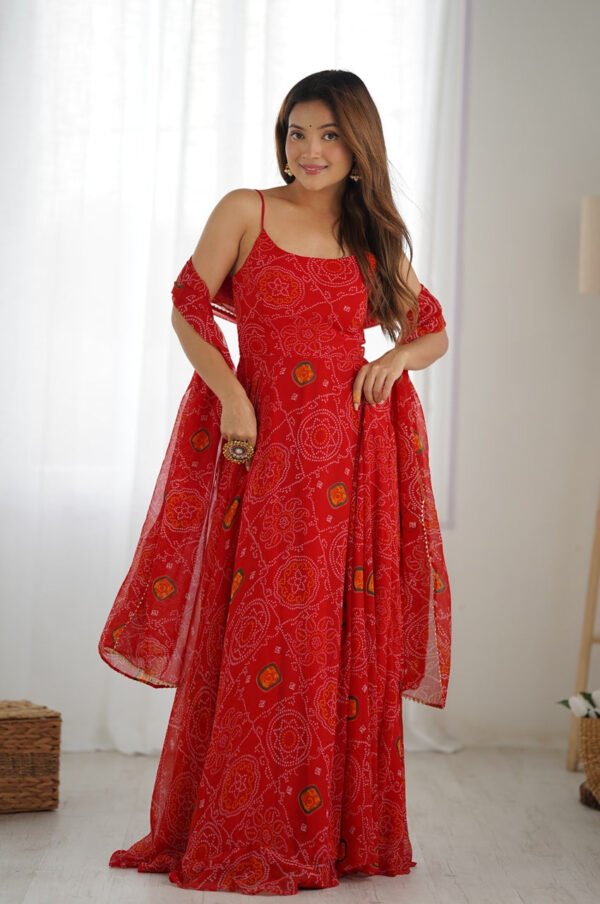 NKB-31_4.jpg Red Bandhej Print Chiffon Anarkali Gown with Dupatta