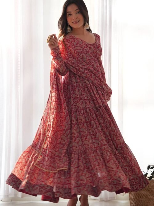 NKB-34_2.jpg Maroon Kalamkari Print Ready-to-Wear Gown with Dupatta