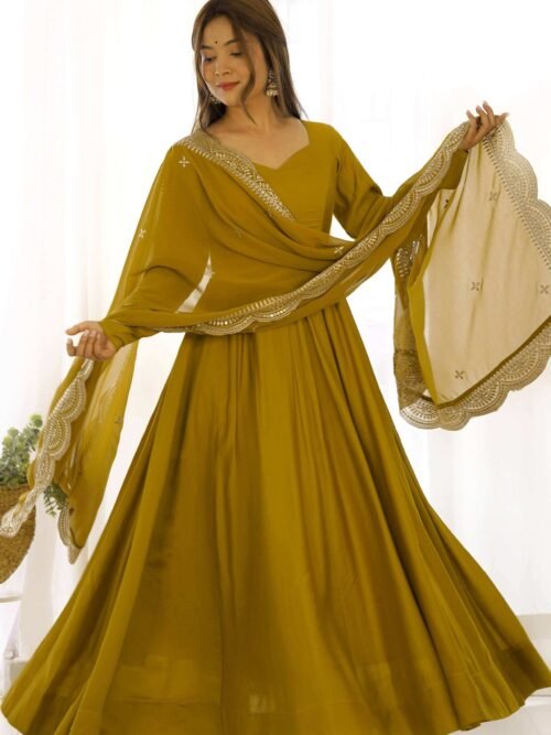 NKB-40_MUSTARD_1.jpg Mustard Chanderi Roman Silk Anarkali Gown with Embroidered Dupatta