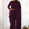 NKB-46WINE_1.jpg Wine Velvet Ready-to-Wear Saree with Fully Stitched Blouse