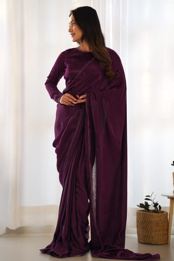 NKB-46WINE_1.jpg Wine Velvet Ready-to-Wear Saree with Fully Stitched Blouse