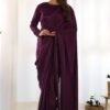 NKB-46WINE_2.jpg Wine Velvet Ready-to-Wear Saree with Fully Stitched Blouse