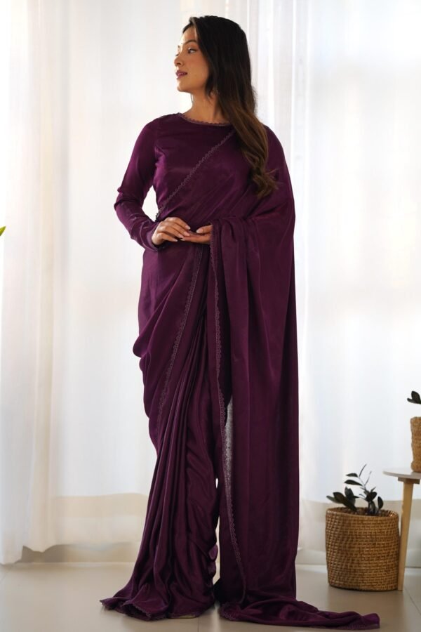 NKB-46WINE_2.jpg Wine Velvet Ready-to-Wear Saree with Fully Stitched Blouse