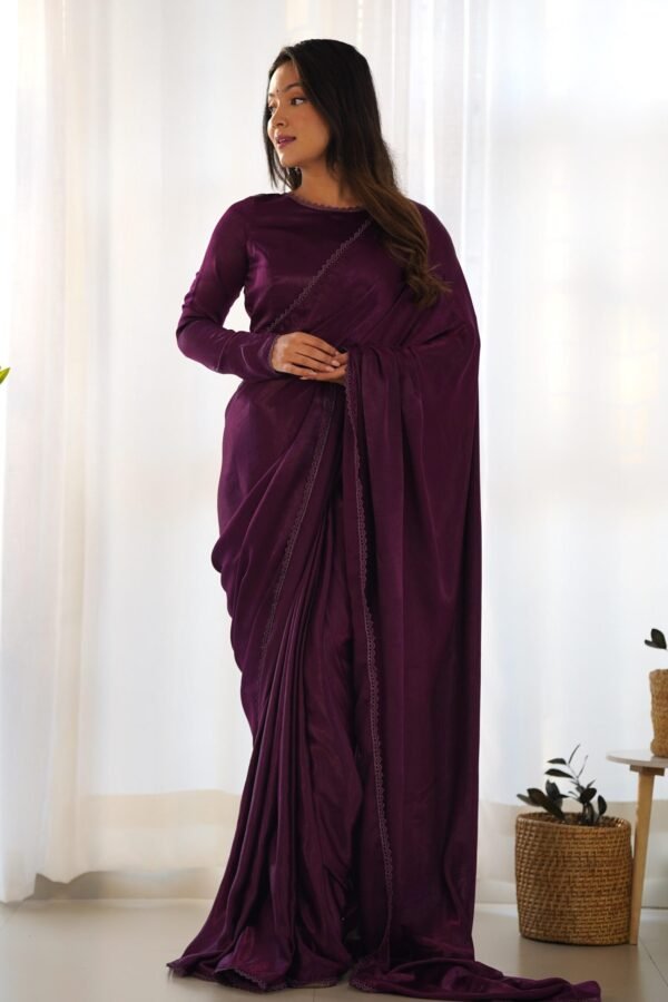 NKB-46WINE_4.jpg Wine Velvet Ready-to-Wear Saree with Fully Stitched Blouse