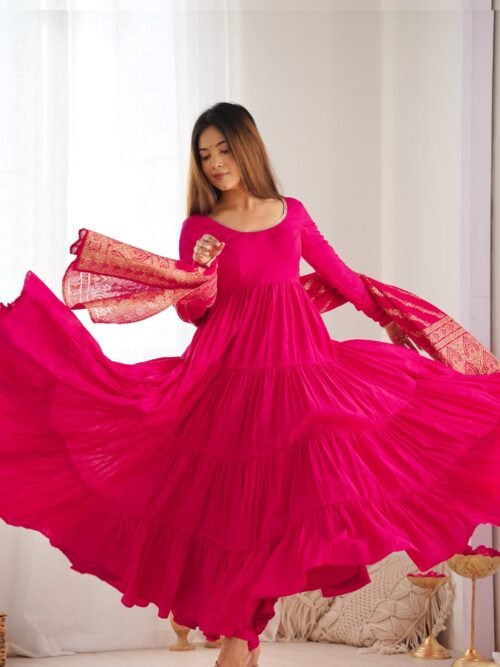 NKB-47PINK_6.jpg Elegant Roman Silk Chanderi Anarkali Suit Set with Banarasi Jacquard Dupatta
