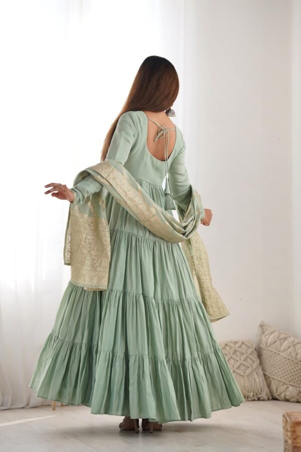 NKB-47PISTA_1.jpg Pistachio Green Roman Silk Four-Layer Anarkali Gown Set