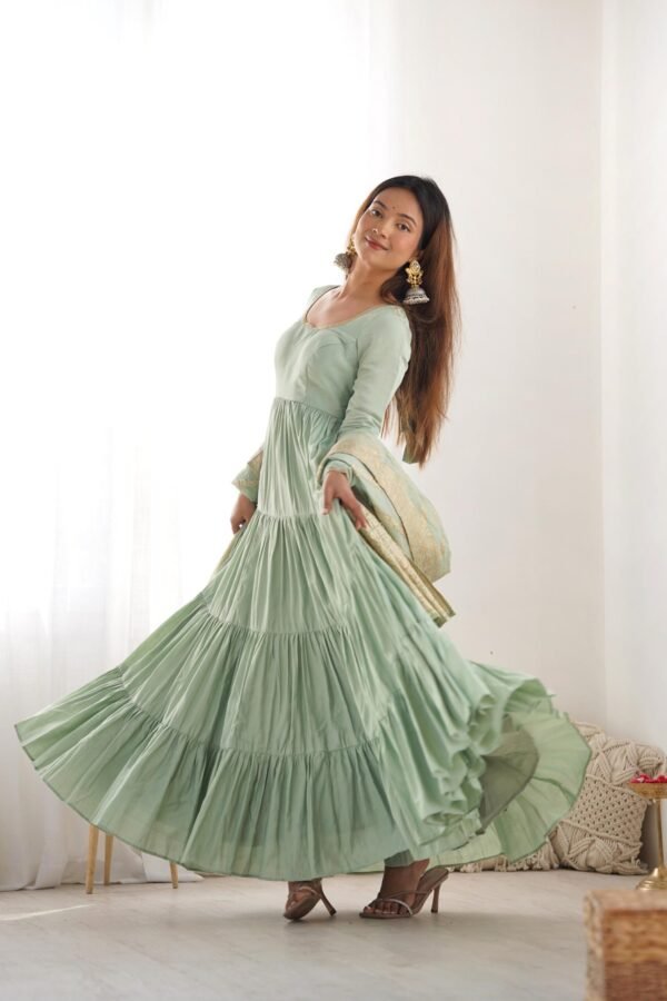 NKB-47PISTA_2.jpg Pistachio Green Roman Silk Four-Layer Anarkali Gown Set