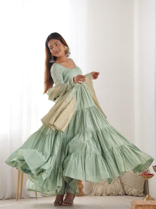 NKB-47PISTA_7.jpg Pistachio Green Roman Silk Four-Layer Anarkali Gown Set