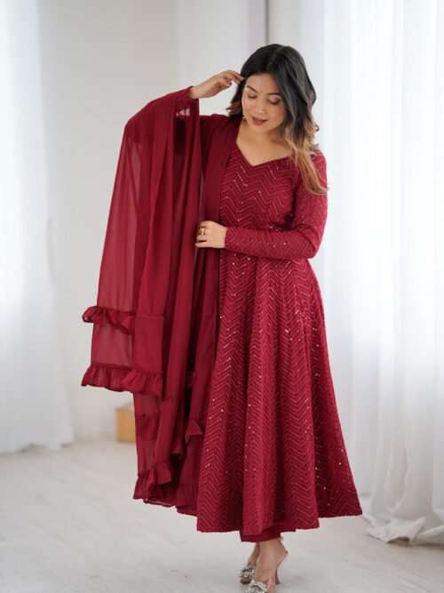 NKB-55MAROON_1.jpg Maroon Color Lucknowi Sequence Work Anarkali Suit
