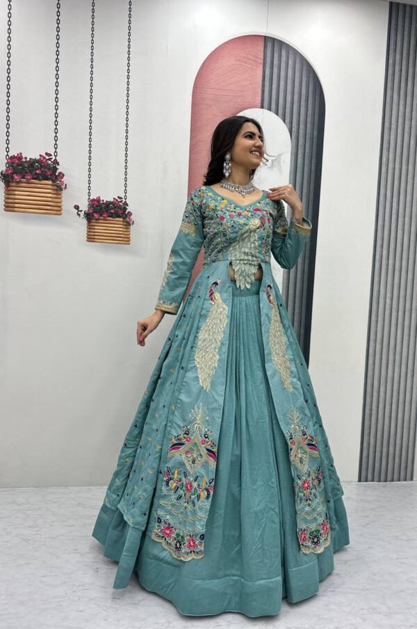 Pc-528_23.jpg Misty Teal Crop Top Lehenga with Embroidered Shrug