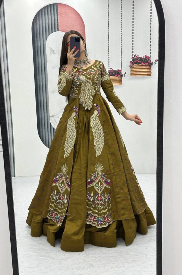 Pc-528_8.jpg Mustard Green Crop Top Lehenga with Embroidered Shrug
