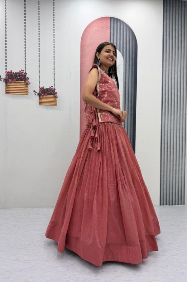 Pc-569_7.jpg Dusky Red Crunchy Silk Lehenga Set with 3.5 Meter Flair & Heavy Sequins Jacket