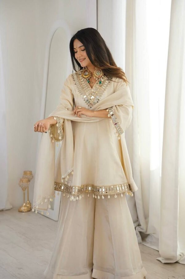 SRK-5339_1.jpg Ivory Tebby Organza Silk Sharara Suit with Real Mirror Lace Work