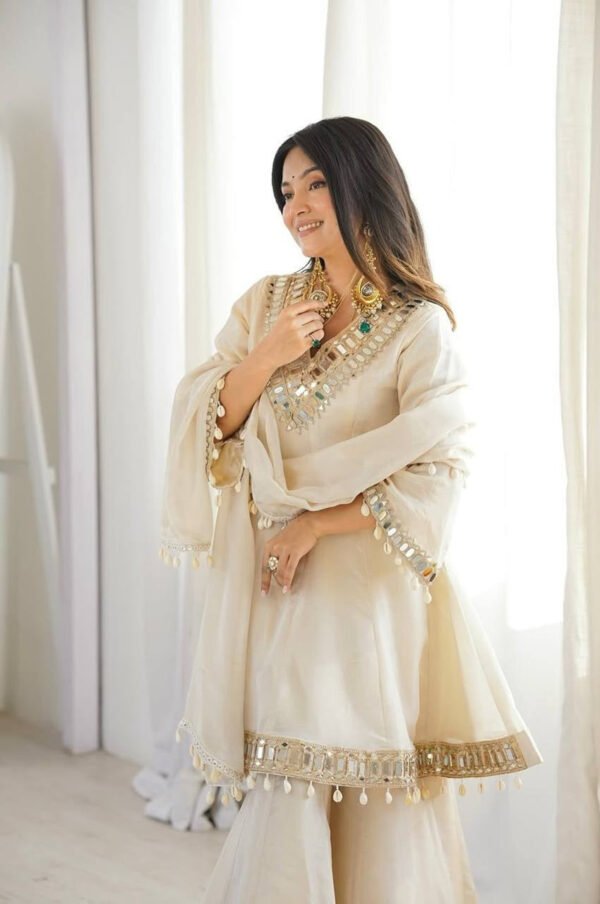 SRK-5339_3.jpg Ivory Tebby Organza Silk Sharara Suit with Real Mirror Lace Work