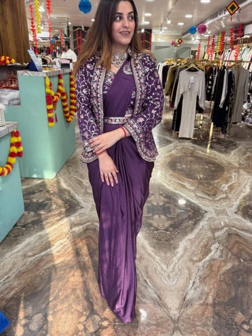 Wine Rangoli Silk Ready-to-Wear Saree with Embroidered Blouse, Koti