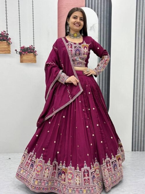 Tapi-245MAROON_4.jpg Maroon Embroidered Vichitra Lehenga Choli Set
