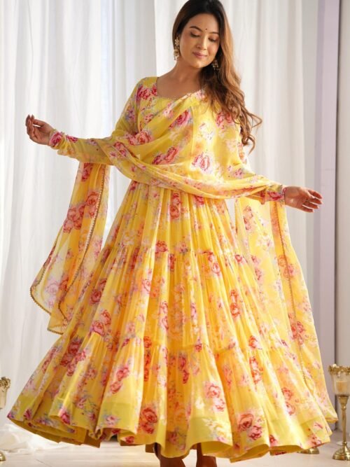 kb-268yellow_4.jpg Yellow Floral Print Fox Georgette Anarkali Suit Set