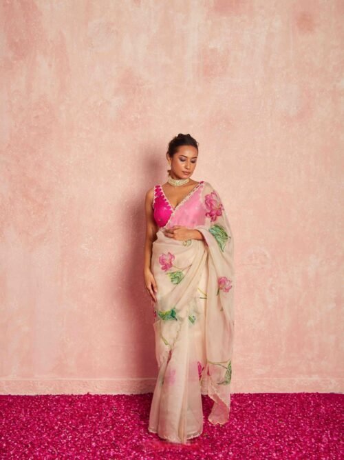 skS264-4-KamalBeigeOrganzaSilkSareewithRaani_4.jpg Kamal Beige Organza Silk Saree