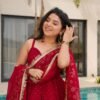 Cherry Red Tabby Organza Mukesh Work Palazzo Suit