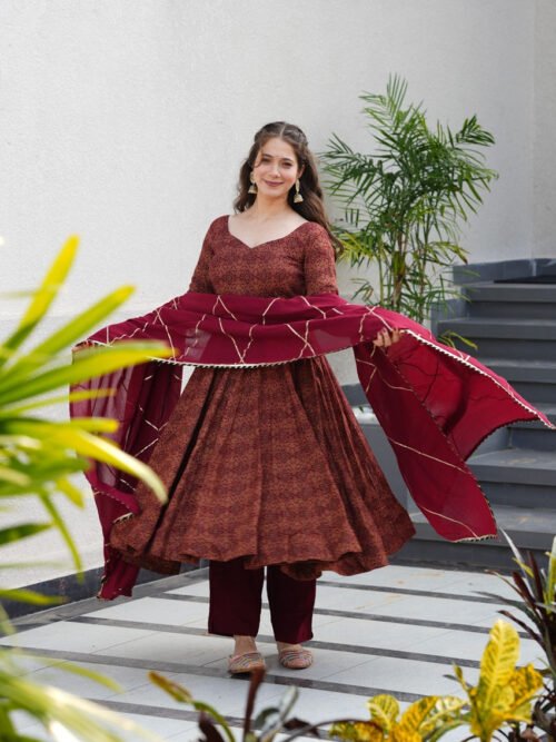 tan-143_2.jpg Maroon Cotton Ajrakh Print Anarkali Suit Set
